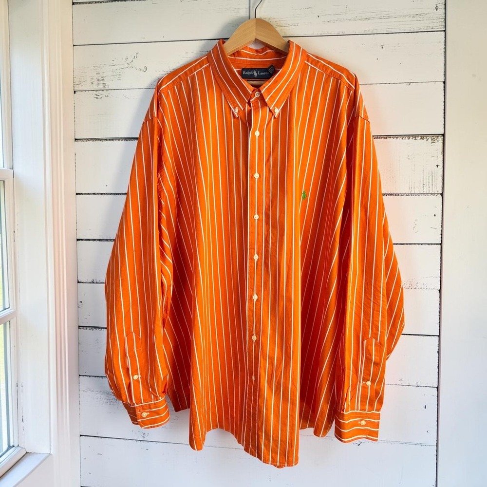 Ralph Lauren 3XB Big Preppy Button Down Shirt Orange White Cotton Green Pony - Picture 2 of 11